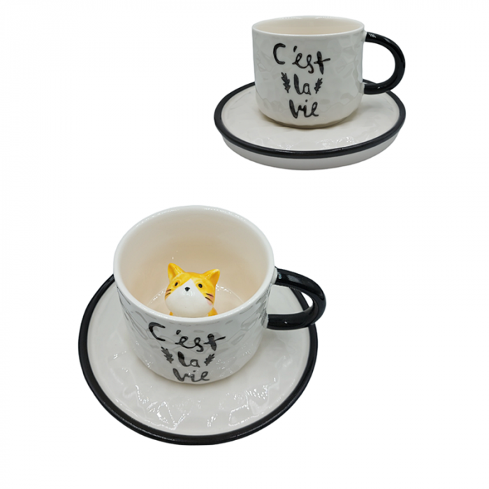 Set ceasca pisica 3D si farfurie Rowen, 200ml, Ceramica [1]