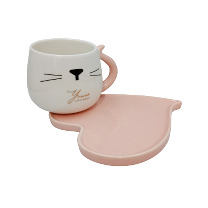 Set ceasca pisica si farfurie roz Zoey, 200ml, Ceramica [2]