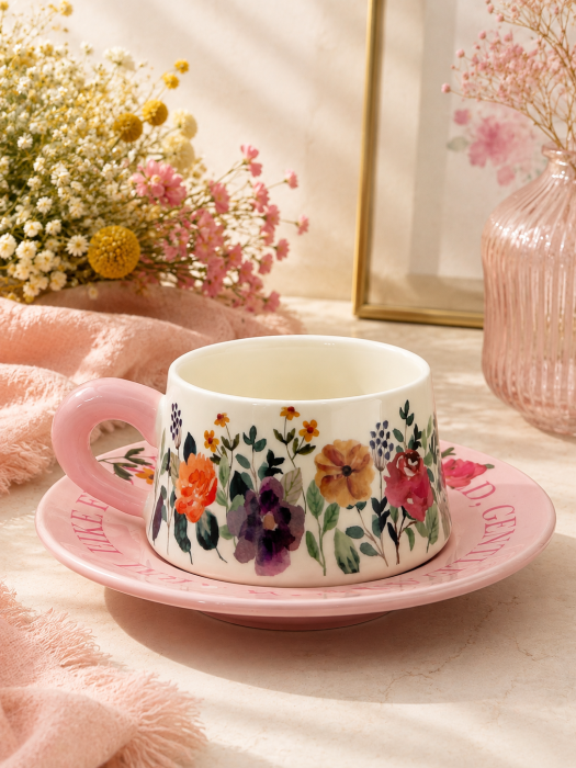 Set ceasca cu farfurioara Floral Garden – ceramica, roz cu flori [3]