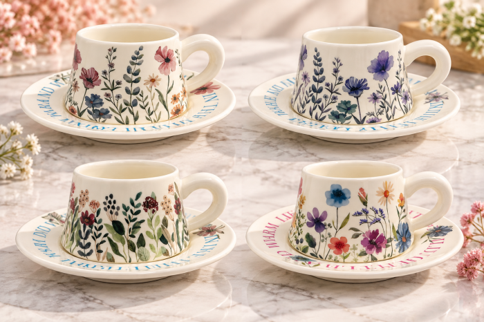 Set ceasca cu farfurioara Floral Garden – ceramica, ivoire cu flori [3]