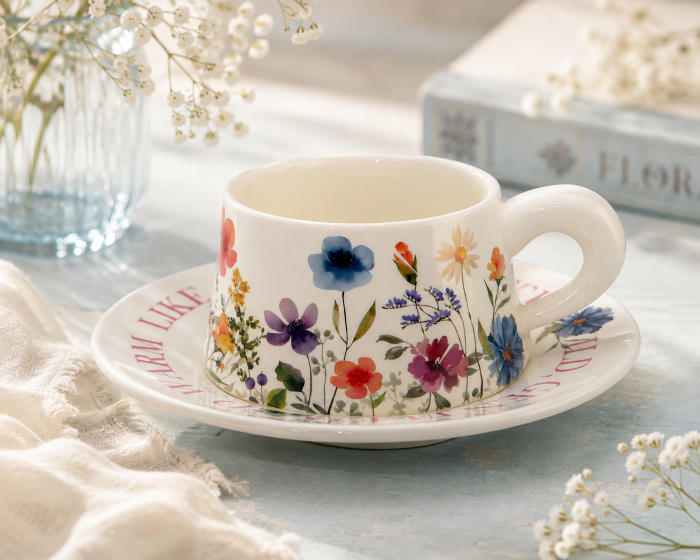 Set ceasca cu farfurioara Floral Garden – ceramica, ivoire cu flori [3]
