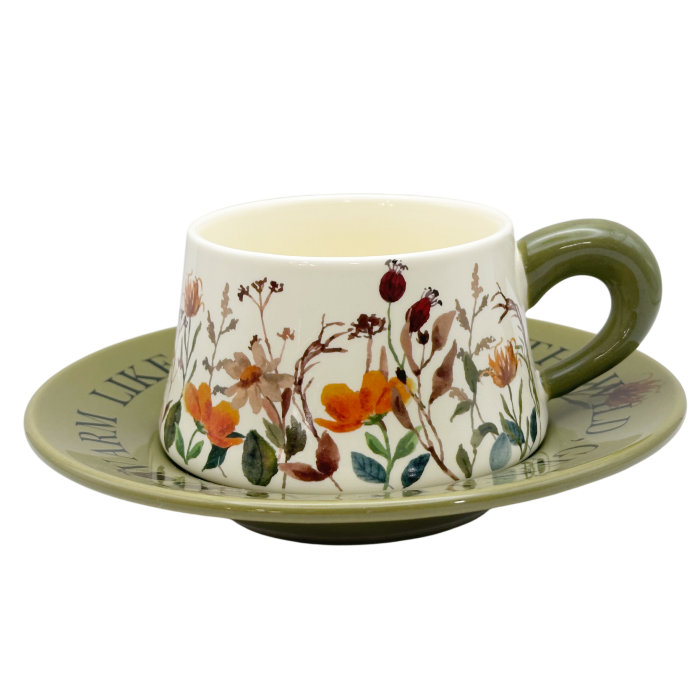 Set ceasca cu farfurioara Floral Garden – ceramica, verde cu flori [5]