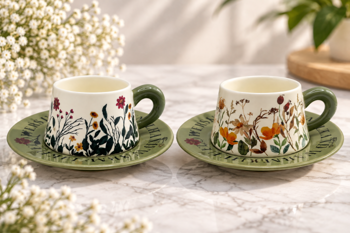 Set ceasca cu farfurioara Floral Garden – ceramica, verde cu flori [4]