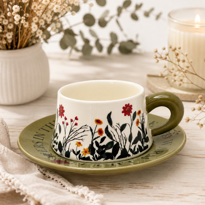 Set ceasca cu farfurioara Floral Garden – ceramica, verde cu flori [3]