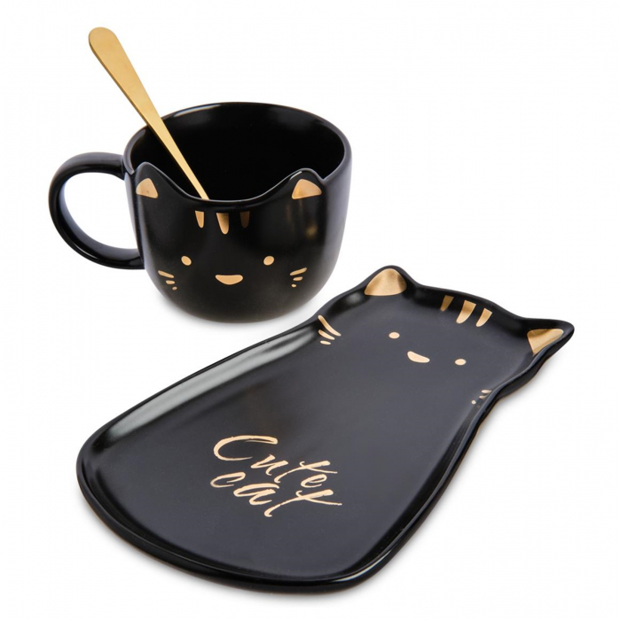 Set Ceasca si farfurie PISICA JOLLY, Negru, 180ml [2]