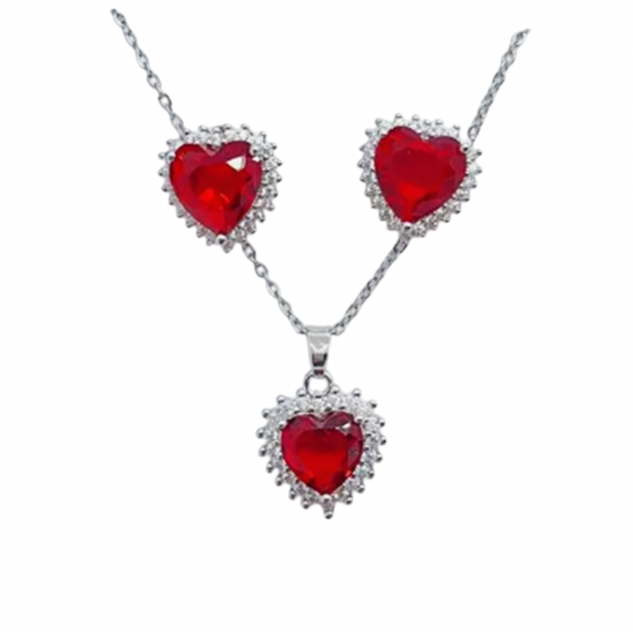 Set Colier cu Cercei zirconiu HEART, Rosu/ Argintiu [1]