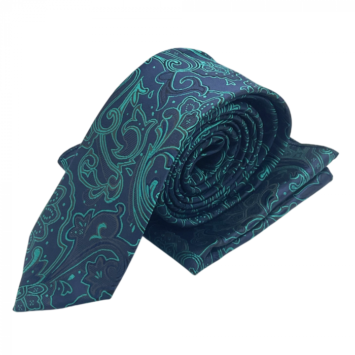 Set cravata cu batista de buzunar Paisley DEAN, Albastru Verde [3]