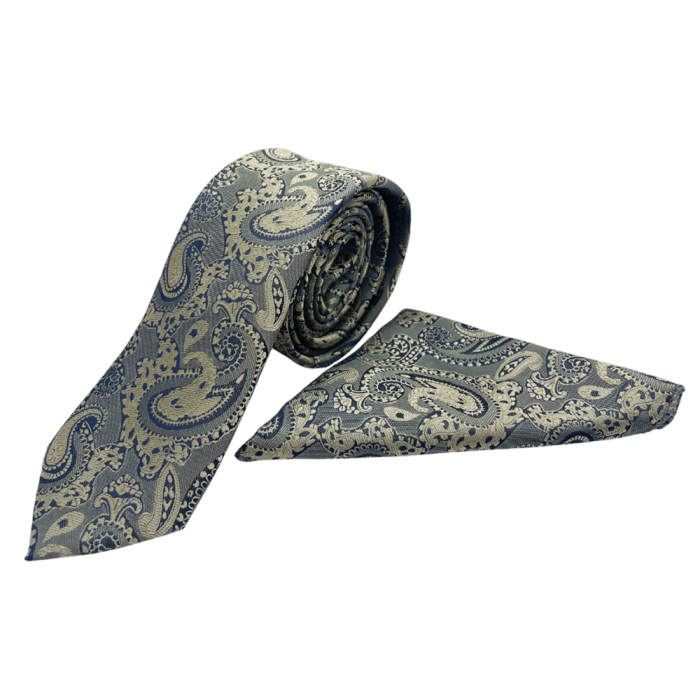 Set cravata cu batista de buzunar Paisley DEAN, Gri/ Bej [2]