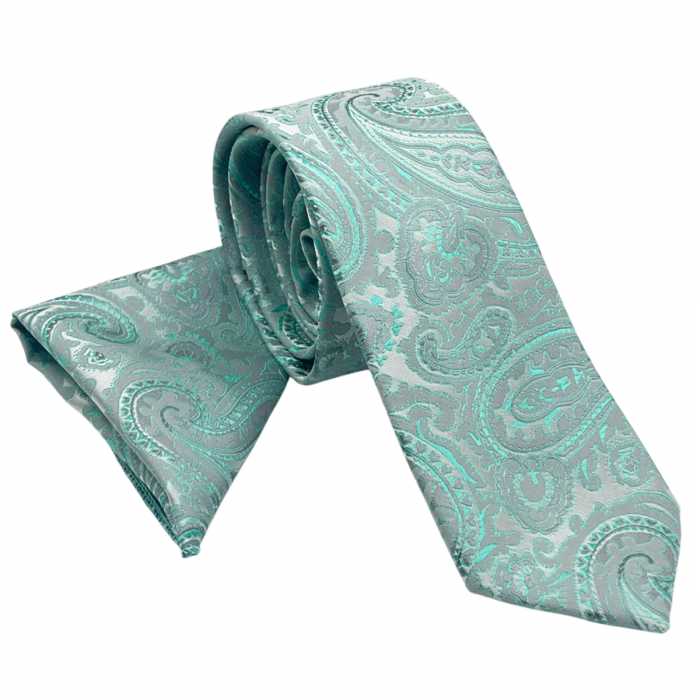 Set cravata cu batista de buzunar Paisley Steve, Verde menta/ Gri [3]