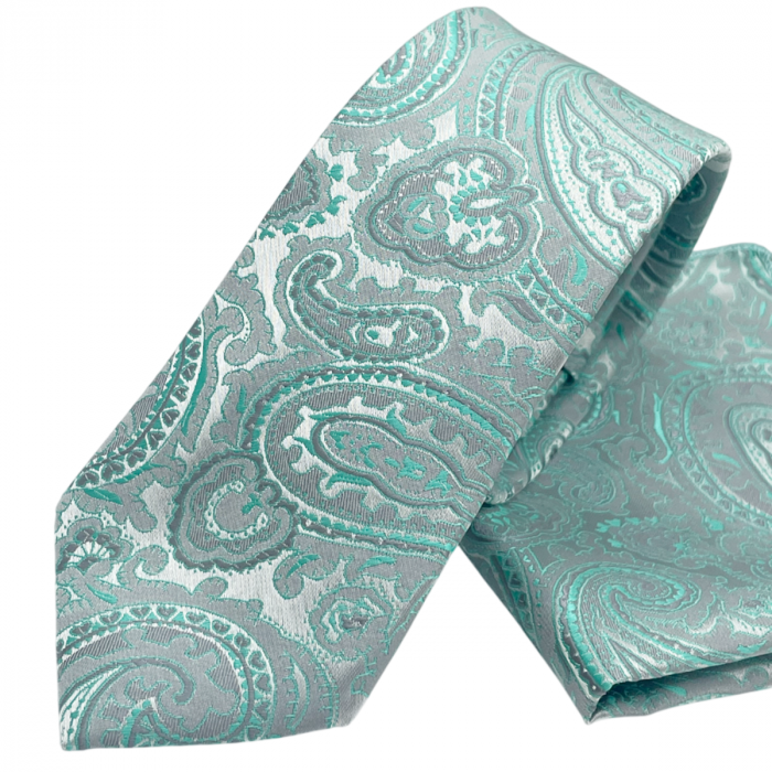 Set cravata cu batista de buzunar Paisley Steve, Verde menta/ Gri [2]