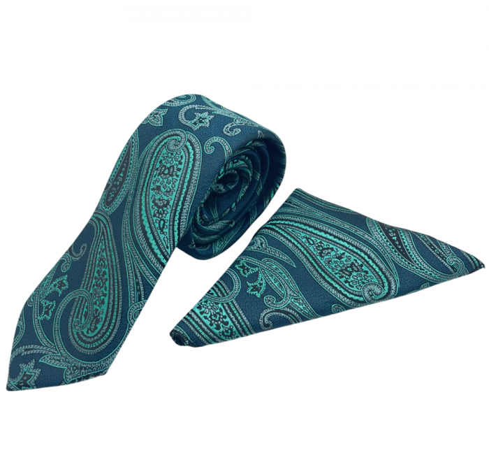 Set cravata cu batista de buzunar Paisley MARK, Verde ocean [6]