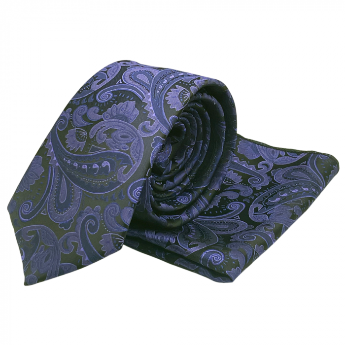 Set cravata cu batista de buzunar Paisley RICKY, Mov Negru [3]