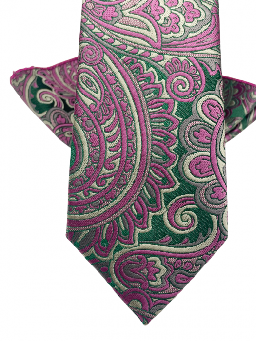 Set cravata cu batista de buzunar Paisley RUDD, Roz/ Verde [5]