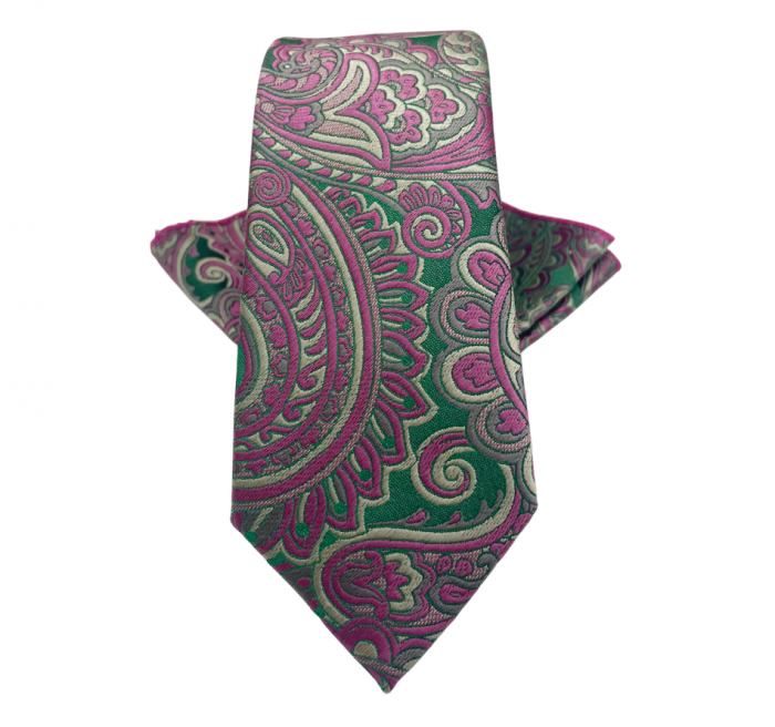 Set cravata cu batista de buzunar Paisley RUDD, Roz/ Verde [3]