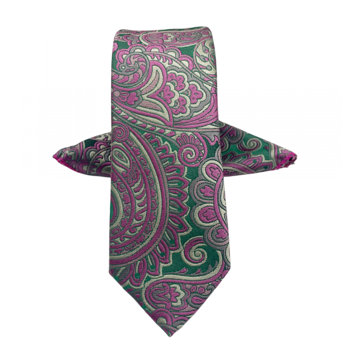 Set cravata cu batista de buzunar Paisley RUDD, Roz/ Verde [1]