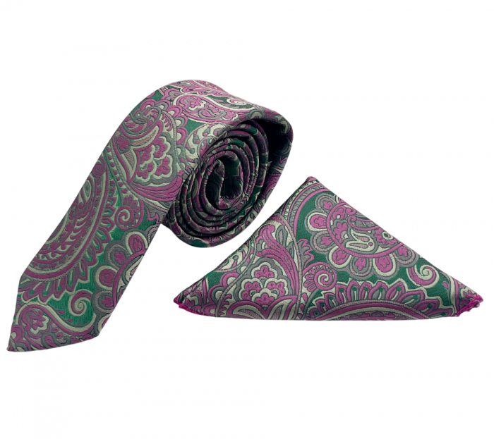 Set cravata cu batista de buzunar Paisley RUDD, Roz/ Verde [2]