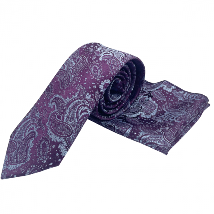 Set cravata cu batista de buzunar Paisley STEVE, Mov/ Bleu [3]