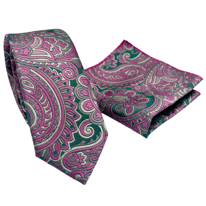 Set Cravata Roz- Verde cu batista de buzunar Firenze [2]