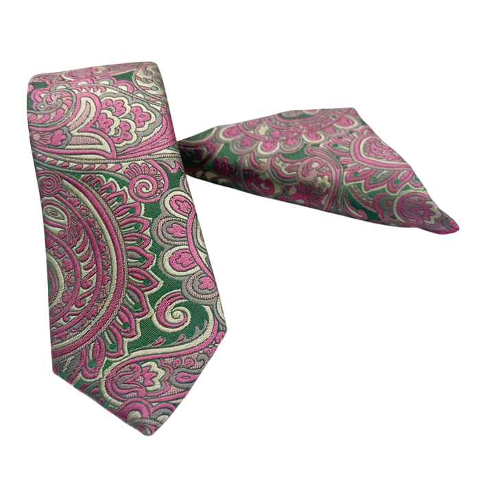 Set Cravata Roz- Verde cu batista de buzunar Firenze [3]