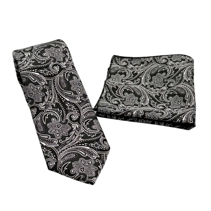 Set Cravată și Batista Paisley Negru & Argintiu – NOAH [2]