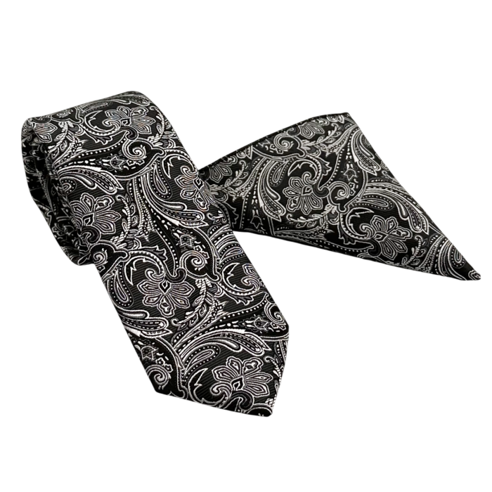 Set Cravată și Batista Paisley Negru & Argintiu – NOAH [3]