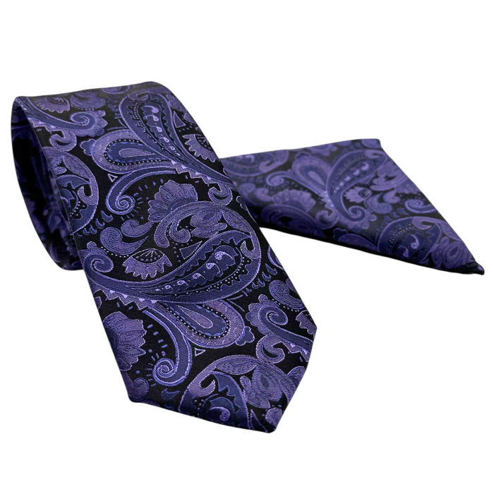 Set cravata si batista ROYAL, Model Paisley, Mov/ Negru [3]