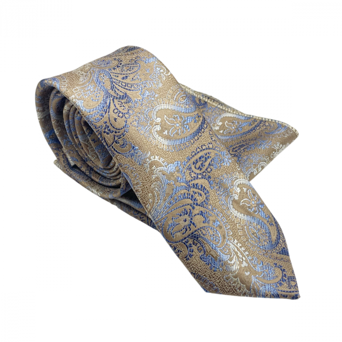 Set cravata slim cu batista Paisley ETHAN, Bej Albastru [3]