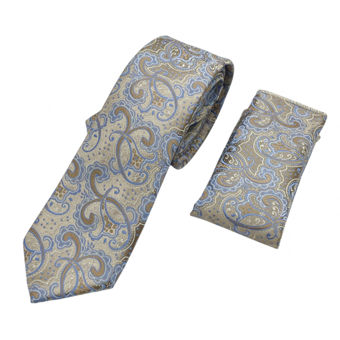 Set cravata slim cu batista Paisley AKRON, Bej Bleu [6]