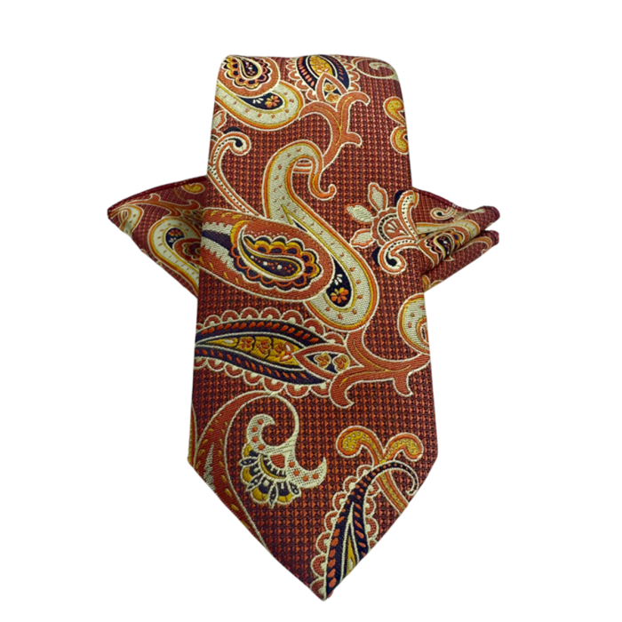 Set cravata slim cu batista Paisley STEVE, Maro Ruginiu [1]