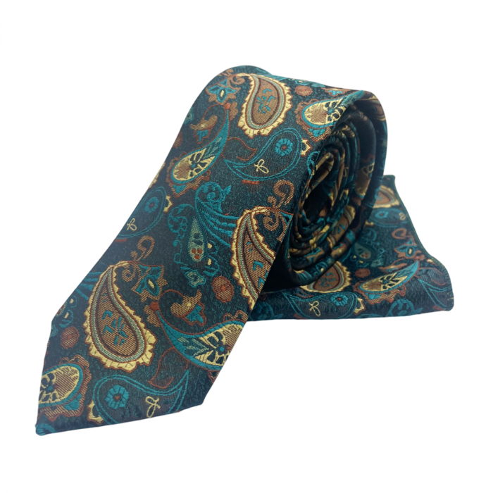 Set cravata slim cu batista Paisley AUSTIN, Turcoaz Maro [2]