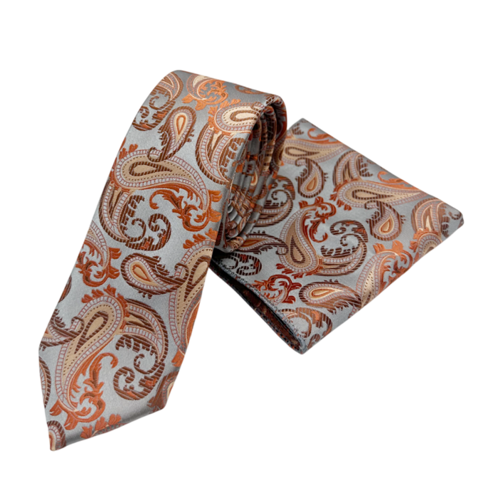 Set cravata slim cu batista Paisley CHRIS, Portocaliu Gri [1]