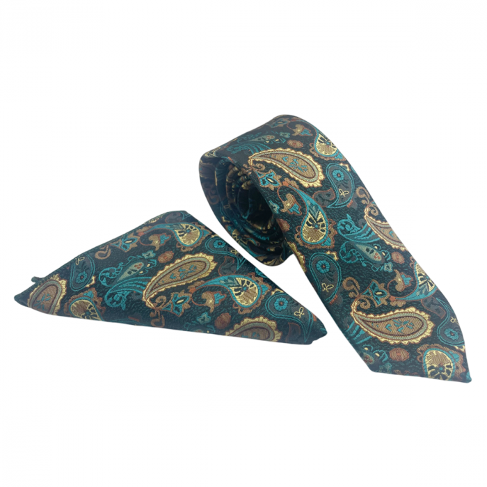 Set cravata slim cu batista Paisley AUSTIN, Turcoaz Maro [4]