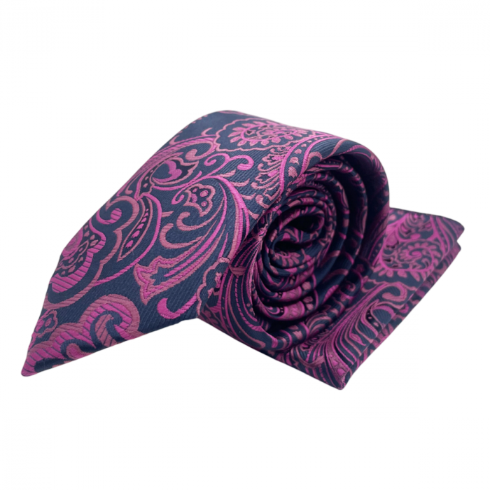 Set cravata slim cu batista Paisley FRANK, Fuchsia/ Bleumarin [3]