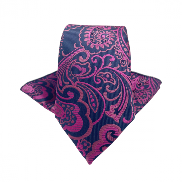 Set cravata slim cu batista Paisley FRANK, Fuchsia/ Bleumarin [1]
