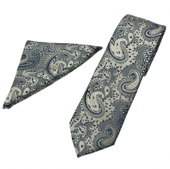 Set cravata cu batista de buzunar Paisley DEAN, Gri/ Bej [3]