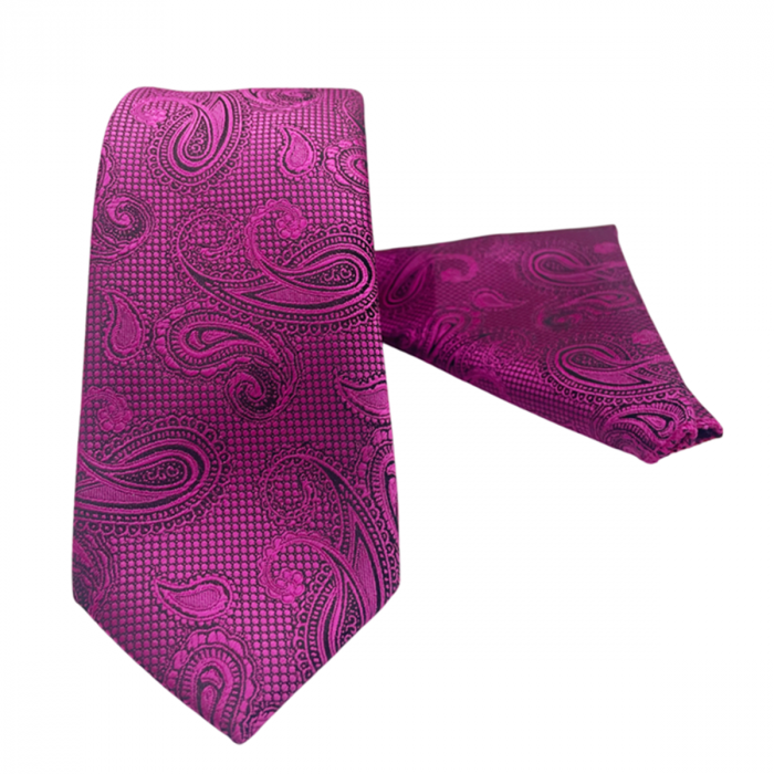 Set cravata slim cu batista Paisley DUSTIN, Fuchsia/ negru [3]