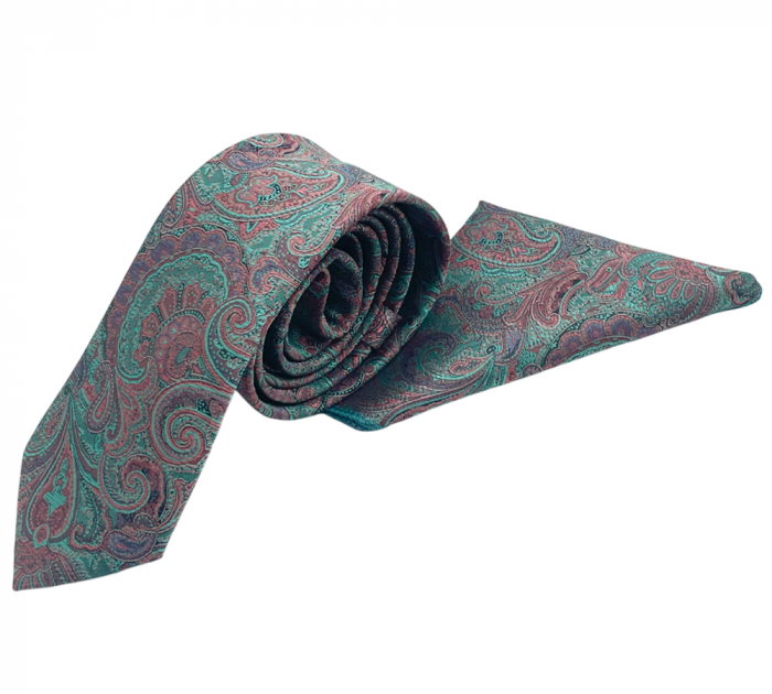 Set cravata slim cu batista Paisley DEXTER, Roz Verde menta [4]