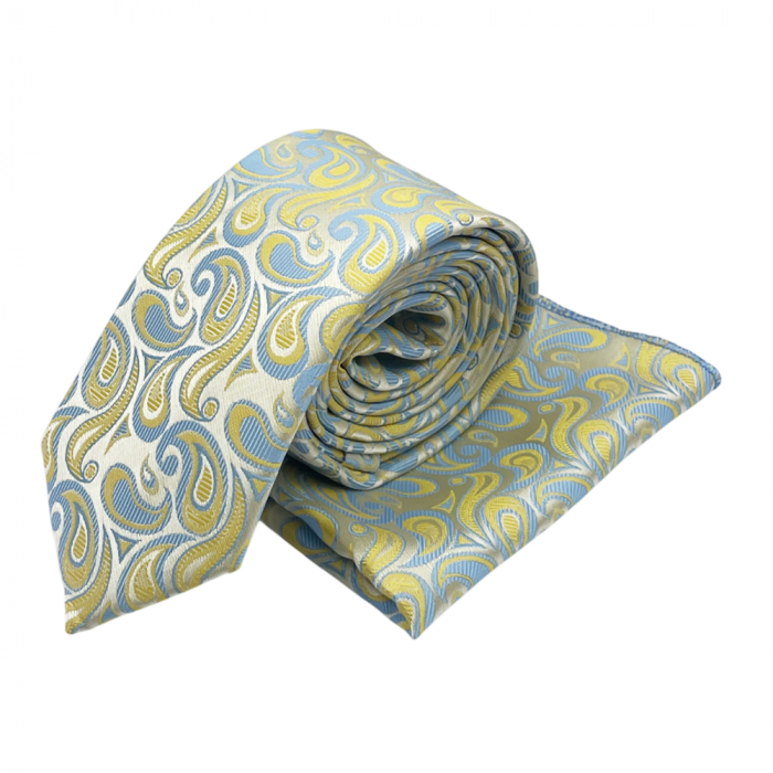 Set cravata slim cu batista Paisley STEVE, Galben/ Bleu [2]