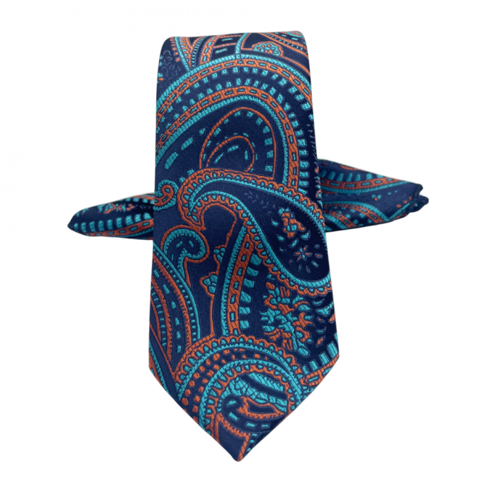 Set cravata slim cu batista Paisley MARK, Bleumarin/ portocaliu [1]