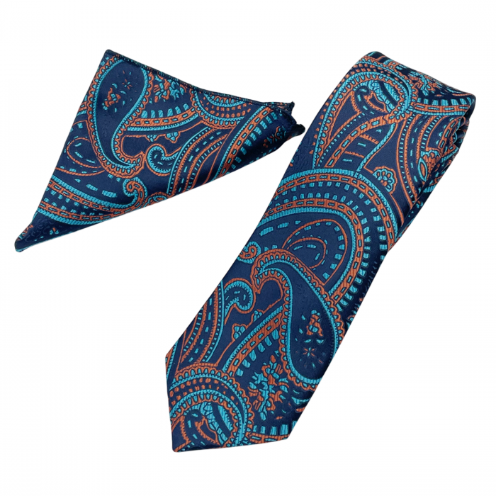 Set cravata slim cu batista Paisley MARK, Bleumarin/ portocaliu [3]