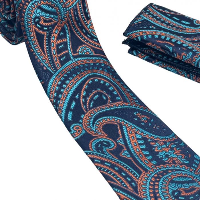 Set cravata slim cu batista Paisley MARK, Bleumarin/ portocaliu [5]