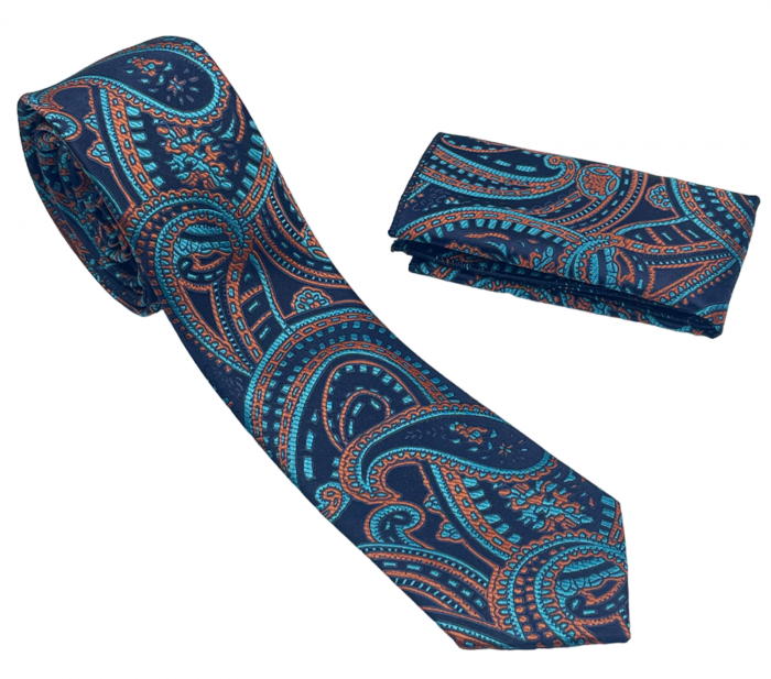 Set cravata slim cu batista Paisley MARK, Bleumarin/ portocaliu [6]