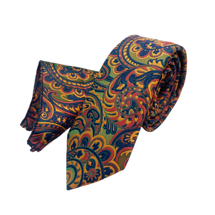 Set cravata slim cu batista Paisley MARK, Galben/ Bleumarin [1]