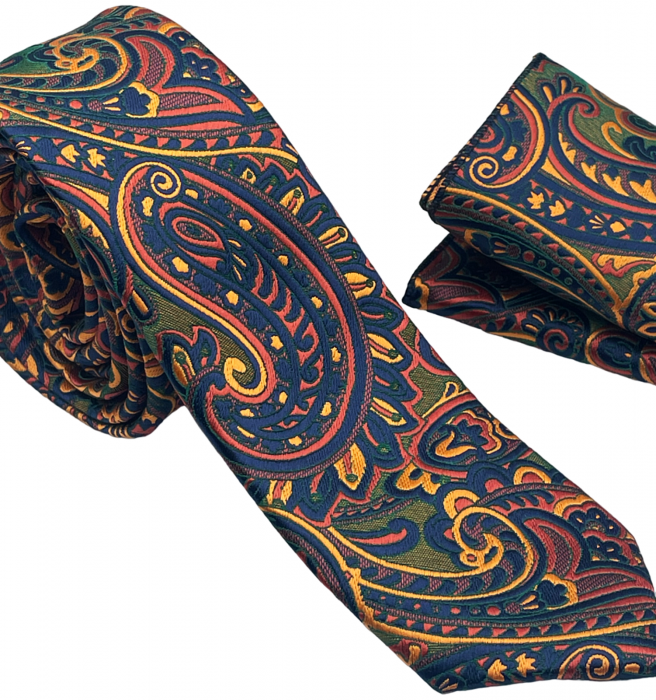 Set cravata slim cu batista Paisley MARK, Galben/ Bleumarin [5]