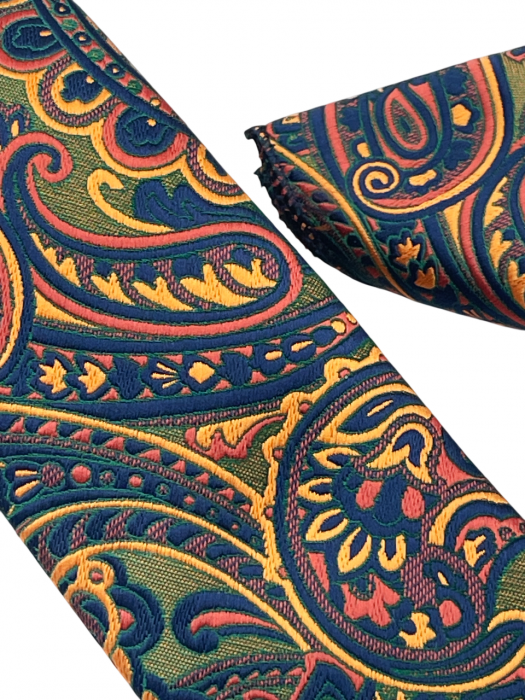 Set cravata slim cu batista Paisley MARK, Galben/ Bleumarin [3]