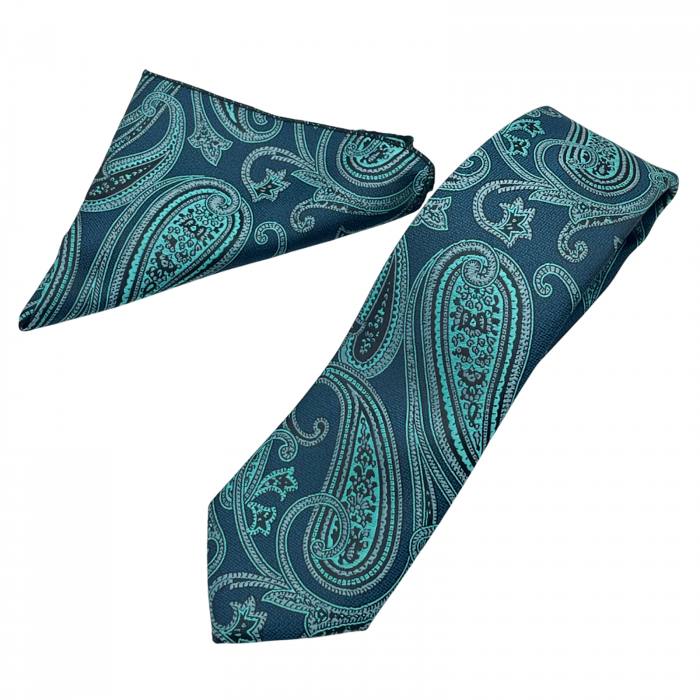 Set cravata cu batista de buzunar Paisley MARK, Verde ocean [2]