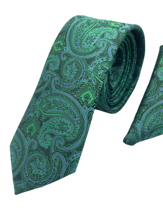 Set cravata slim cu batista Paisley PEACOCK, Verde paun [4]