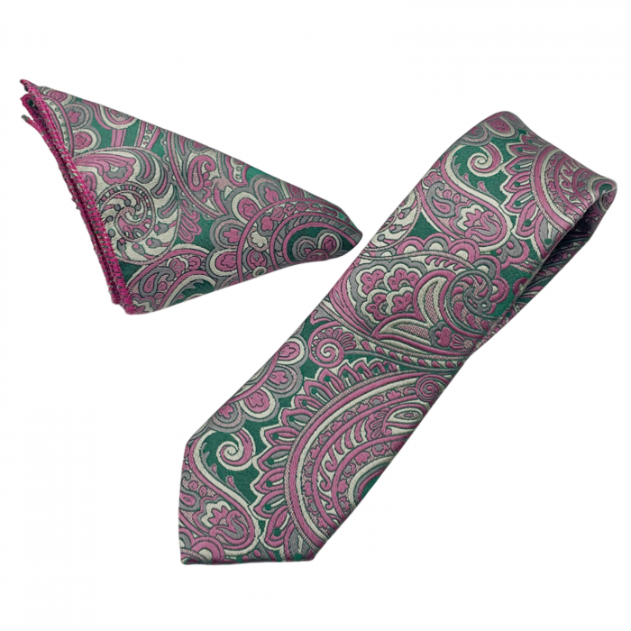 Set cravata cu batista de buzunar Paisley RUDD, Roz/ Verde [4]