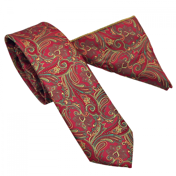 Set cravata slim cu batista Paisley TODD, Rosu/ Galben [4]