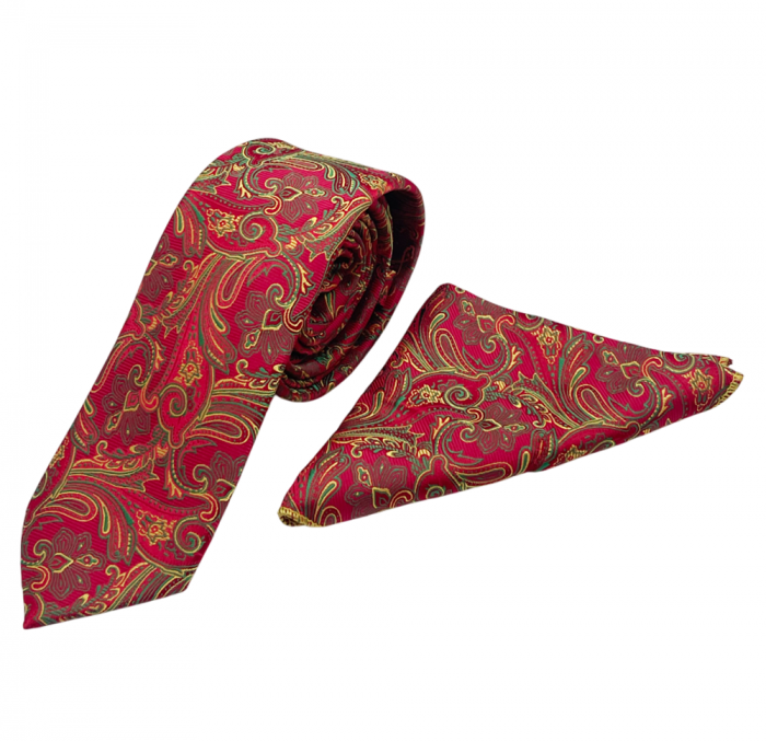 Set cravata slim cu batista Paisley TODD, Rosu/ Galben [2]